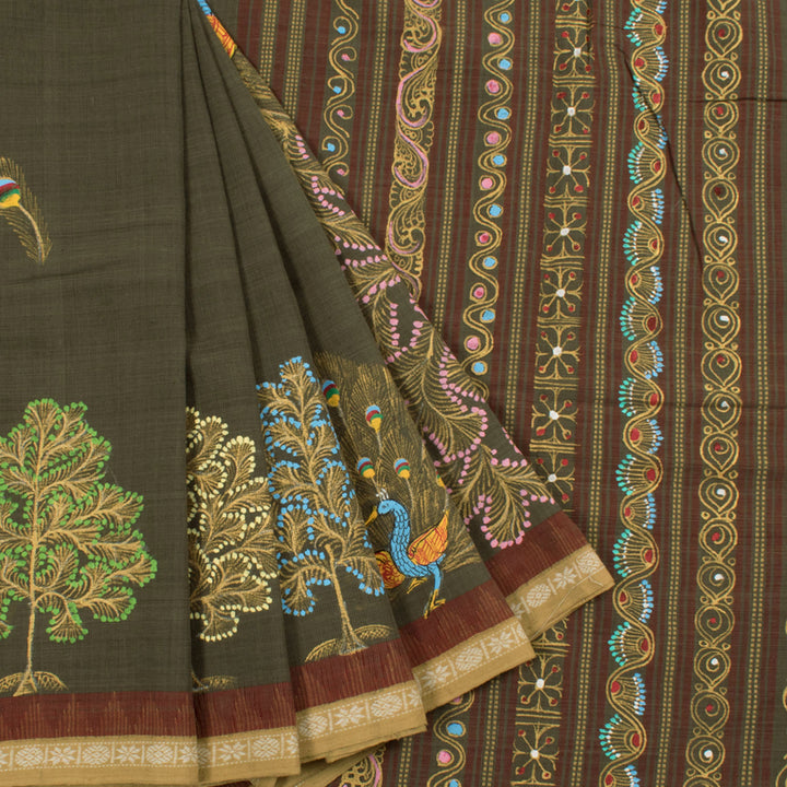 Handloom Natural Dye Khadi Cotton Saree with Hand Painted Pattachitra