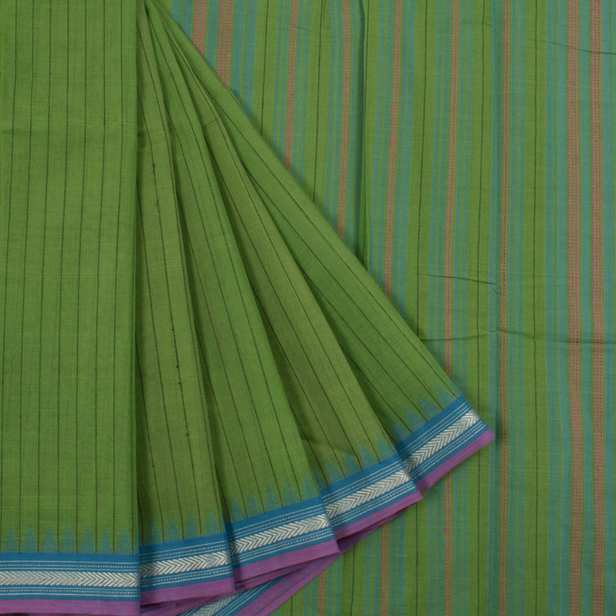 Handloom and Handspun Ponduru Cotton Saree with Stripes Design and Temple Border