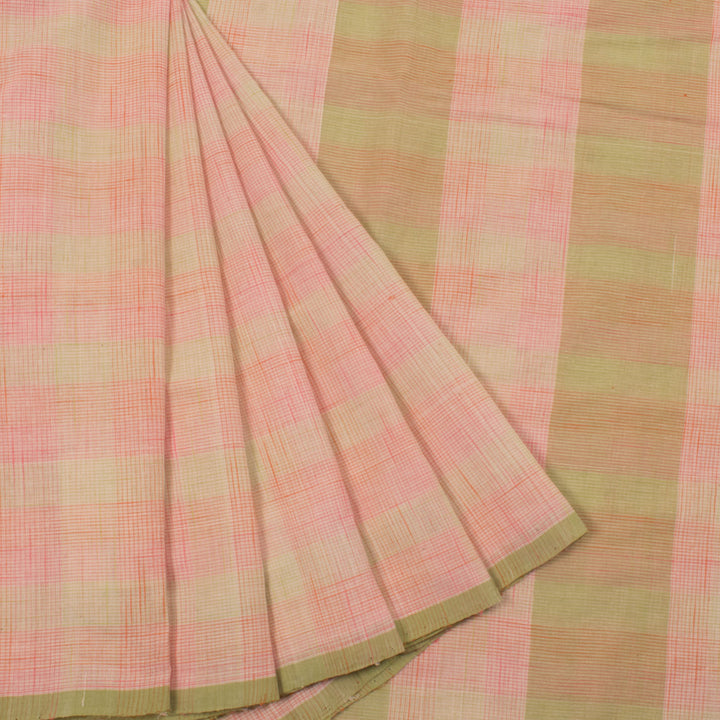 Handloom Cotton Saree with Checks Design and Green Selvedge