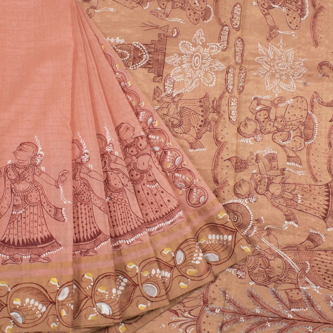 Hand Painted Pattachitra Silk Cotton Saree with Zari Checks Design
