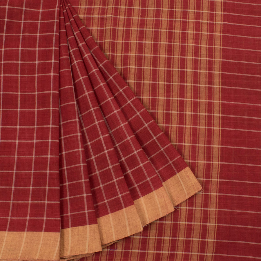 Handloom Natural Dye Khadi Cotton Saree with Checks Design and Without Blouse