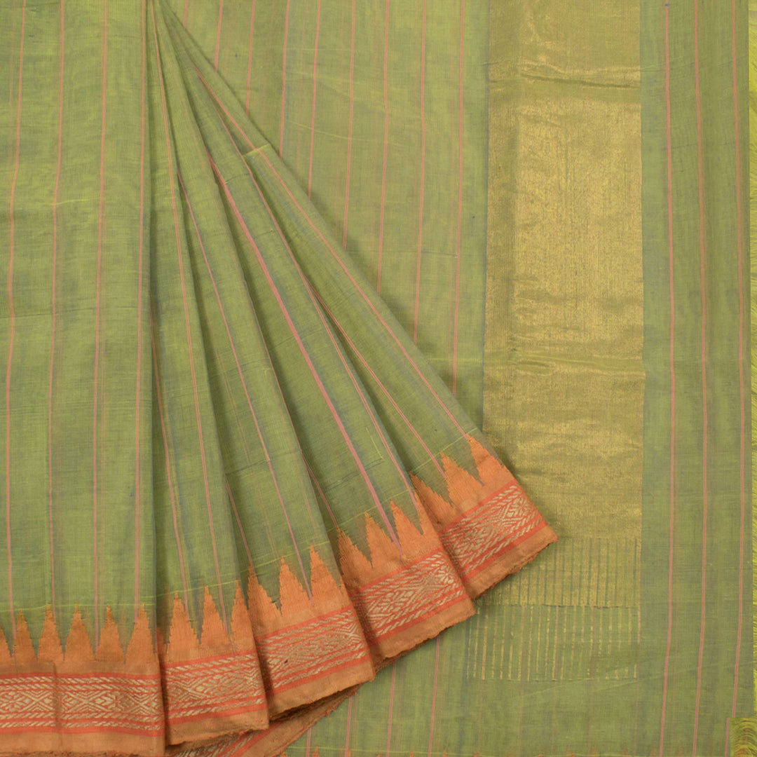 Handloom Ponduru Cotton Saree with Stripes Design, Korvai Temple Border and without Blouse