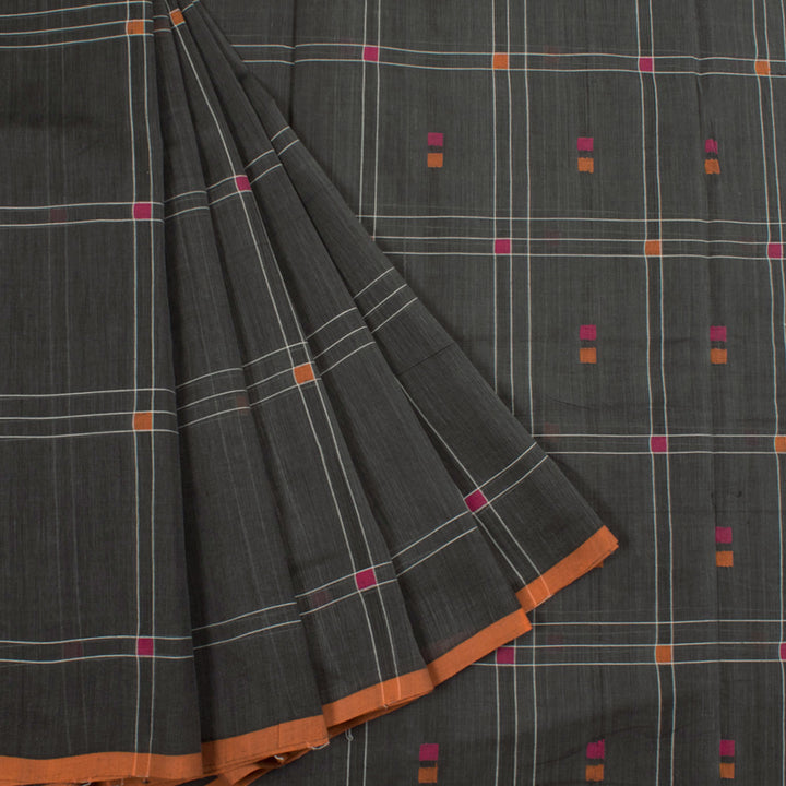 Handloom Cotton Saree with Checks Design and Contrast Selvedge