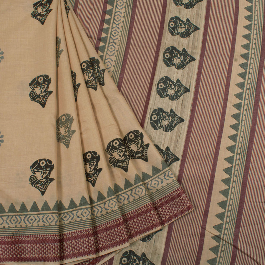 Handloom Vidarbha Tussar Cotton Saree with Ashira Hand Block Prints