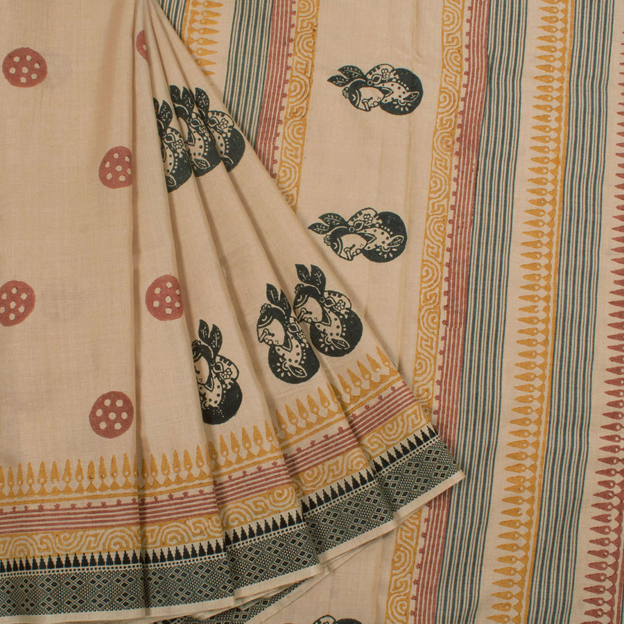 Handloom Vidarbha Tussar Cotton Saree with Turvi Hand Block Prints