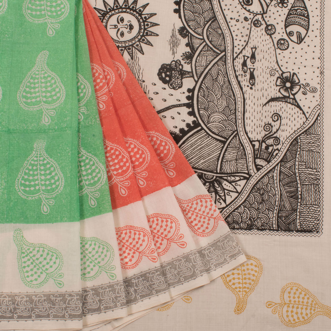 Hand Block Printed Suparna Half and Half Mangalgiri Cotton Saree with Statement Nature Scenery Pallu