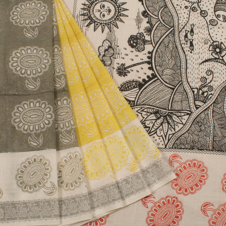 Hand Block Printed Pushpi Half and Half Mangalgiri Cotton Saree with Floral Motifs and Statement Nature Scenery Pallu 