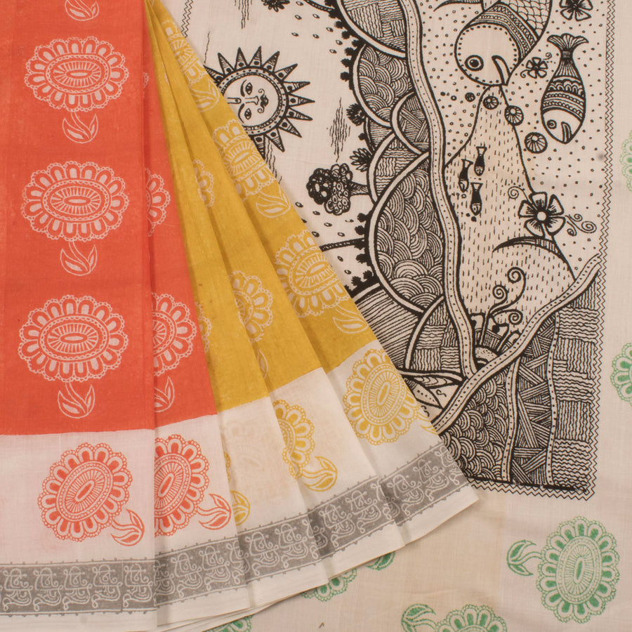 Hand Block Printed Pankhuri Half and Half Mangalgiri Cotton Saree with Floral Motifs and Statement Nature Scenery Pallu 