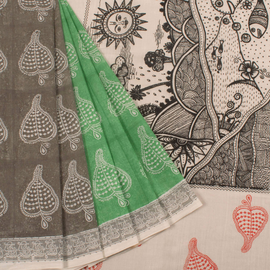Hand Block Printed Pattala Half and Half Mangalgiri Cotton Saree with Statement Nature Elements Pallu