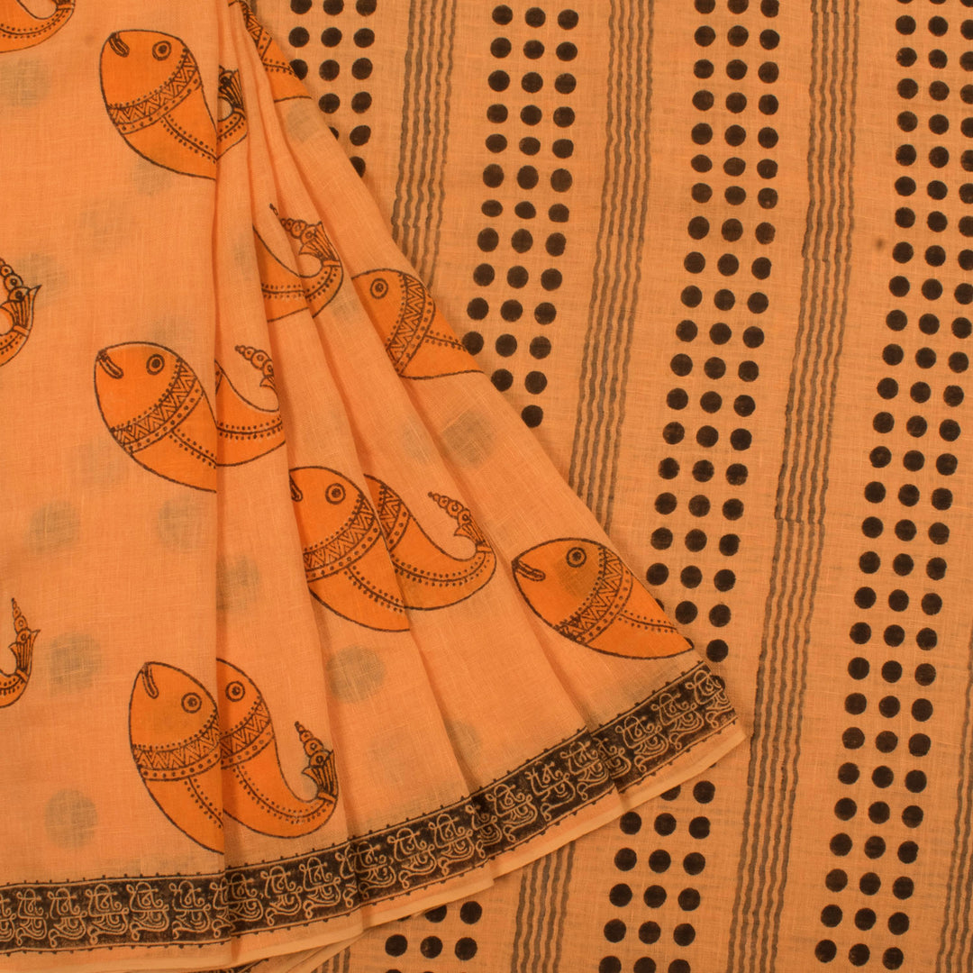 Hand Block Printed Piyushi Linen Saree with Fish Motifs 