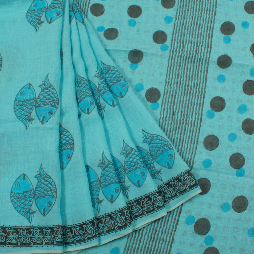 Hand Block Printed Nira Linen Saree with Fish Motifs