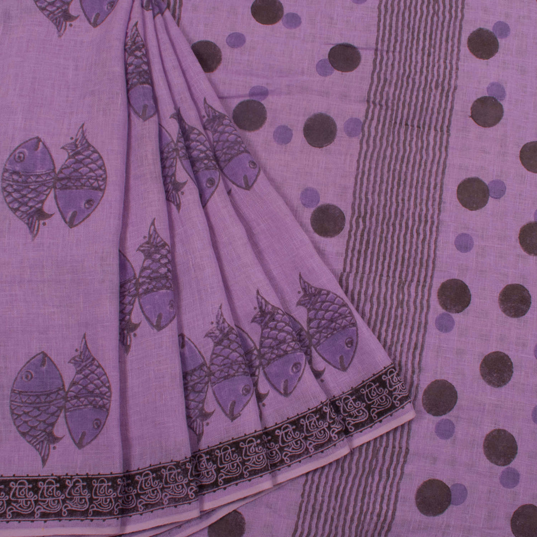 Hand Block Printed Vari Linen Saree with Fish Motifs 