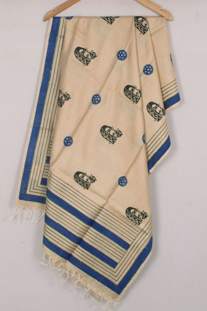 Handloom Vidarbha Tussar Cotton Dupatta with Keva Hand Block Prints