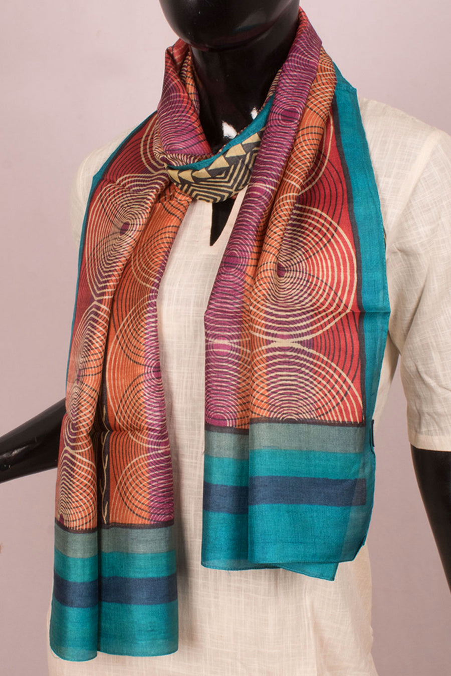 Hand Block Printed Tussar Silk Stole with Abstract Design 