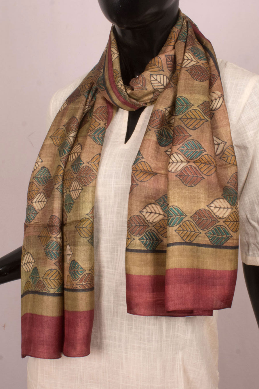 Hand Block Printed Tussar Silk Stole with Leaf Motifs