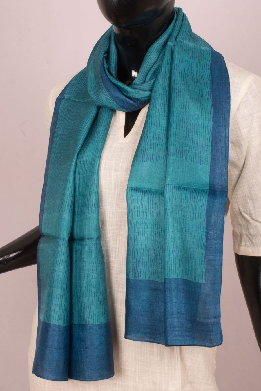Hand Block Printed Tussar Silk Stole with Stripes Design