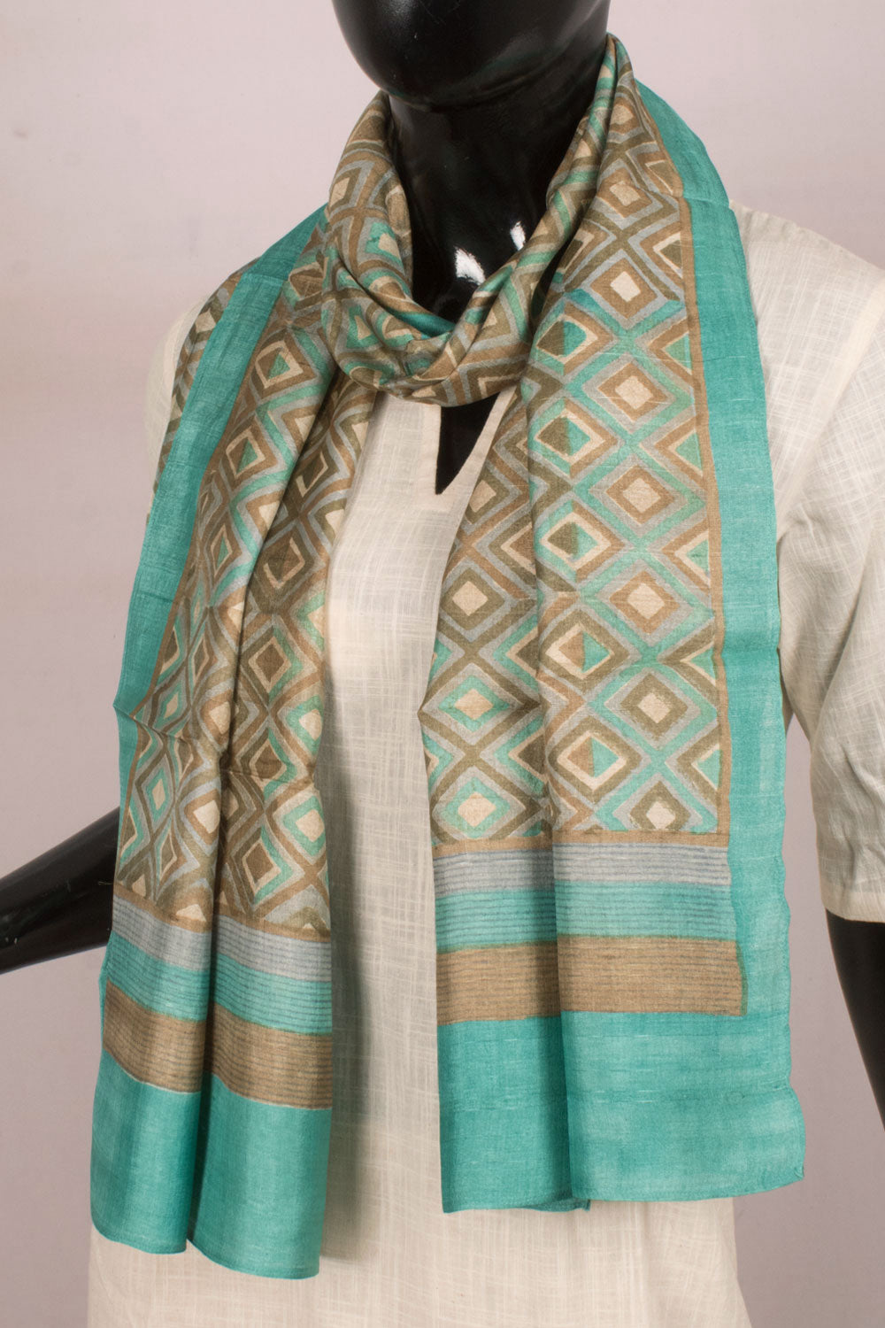 Hand Block Printed Tussar Silk Stole with Abstract Design