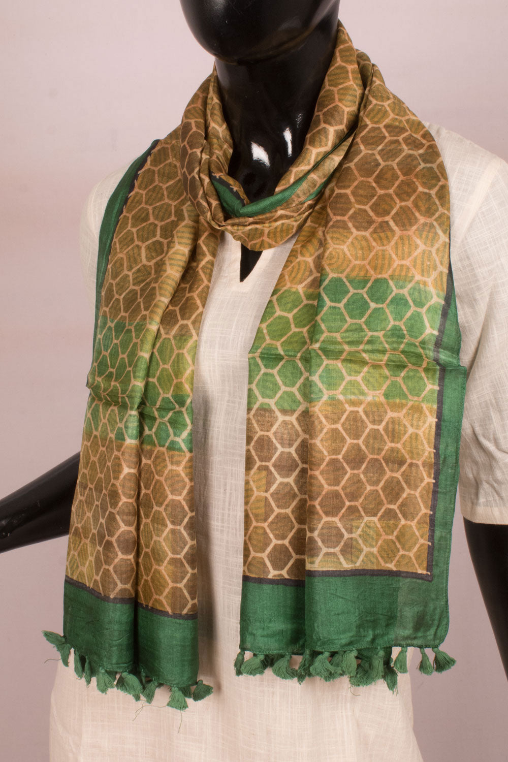 Hand Block Printed Tussar Silk Stole with Honeycomb Design 