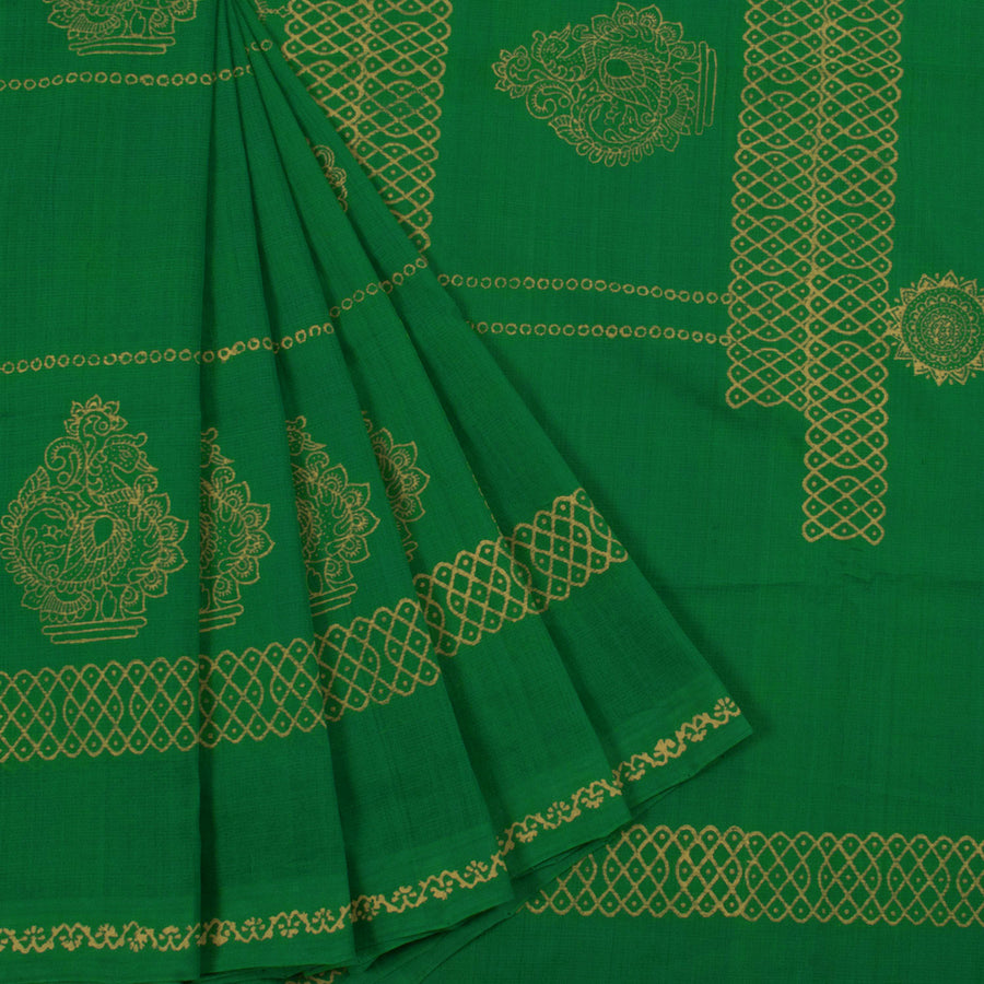 Hand Block Printed Cotton Saree with Checks Design, Peacock Motifs and Kolam Border