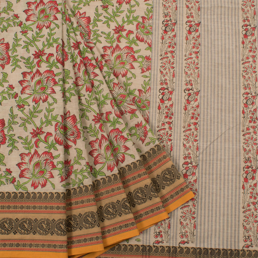 Hand Block Printed Cotton Saree with Floral Design and Thread work Border
