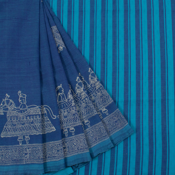 Hand Block Printed Cotton Saree with Poi Kal Kuthirai Motifs and Stripes pallu
