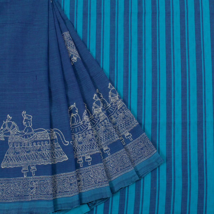 Hand Block Printed Cotton Saree with Poi Kal Kuthirai Motifs and Stripes pallu