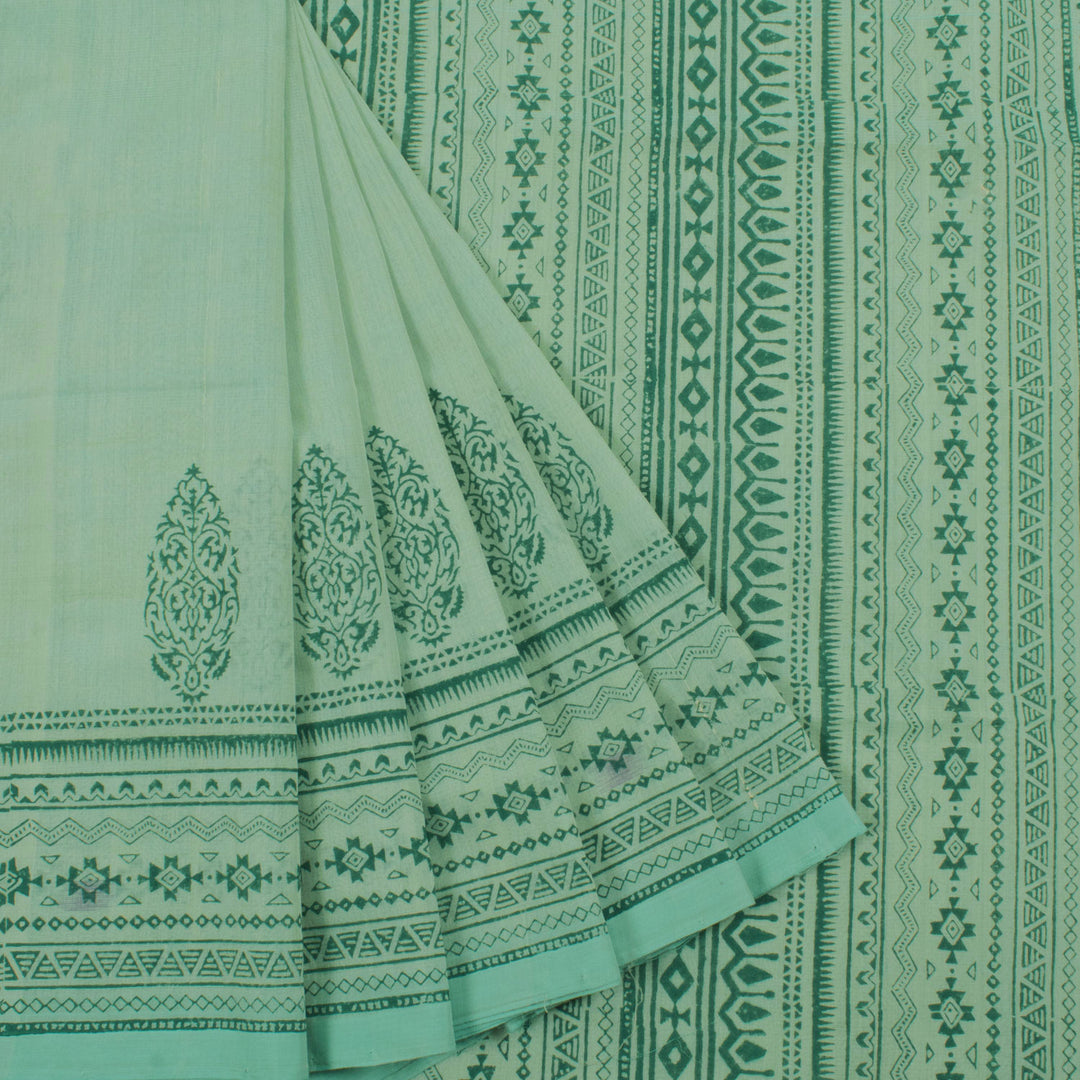 Hand Block Printed Cotton Saree with Floral Motifs and Geometric Design Border