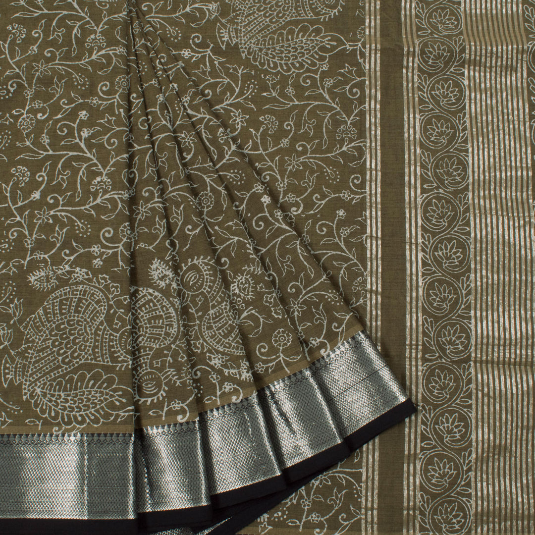 Hand Block Printed Cotton Saree with allover Kalamkari Design and Silver Zari Border