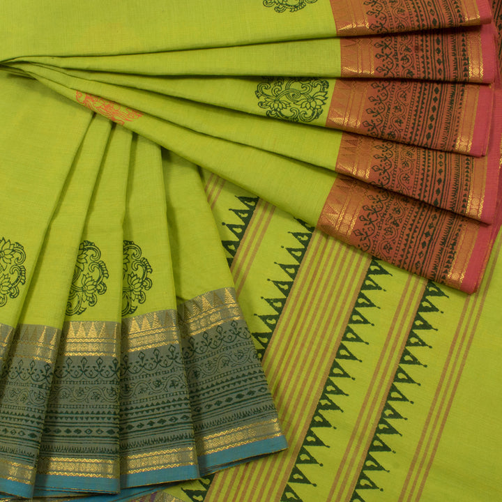 Hand Block Printed Cotton Saree with Floral Motifs and Ganga Jamuna Border