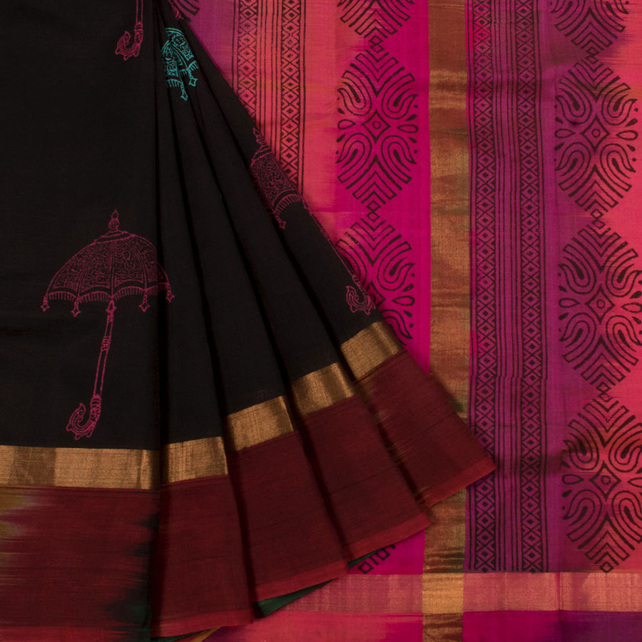 Hand Block Printed Silk Cotton Saree with Umbrella Motifs and Multicolour Ikat Border