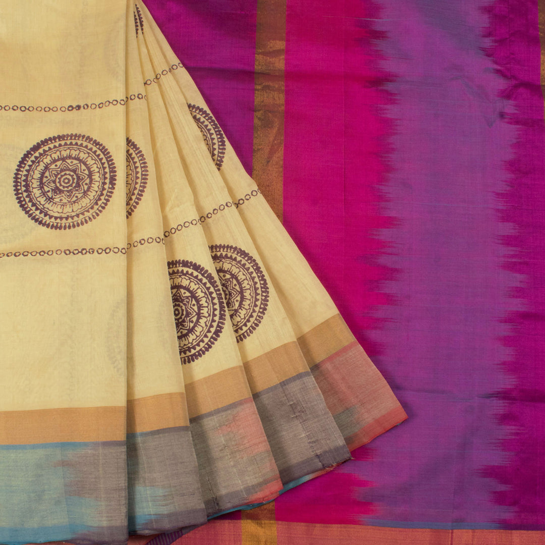 Hand Block Printed Silk Cotton Saree with Checks Design Rangoli Motifs and Ikat Pallu