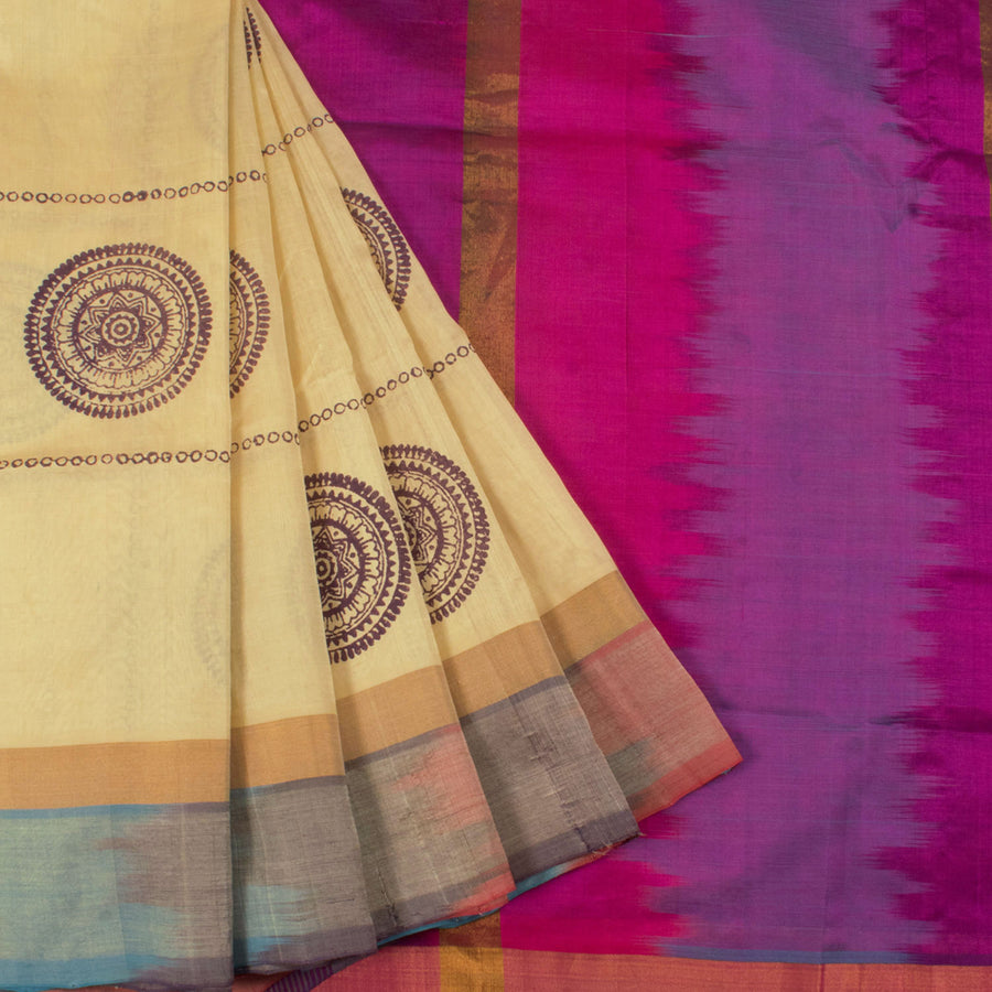 Hand Block Printed Silk Cotton Saree with Checks Design Rangoli Motifs and Ikat Pallu