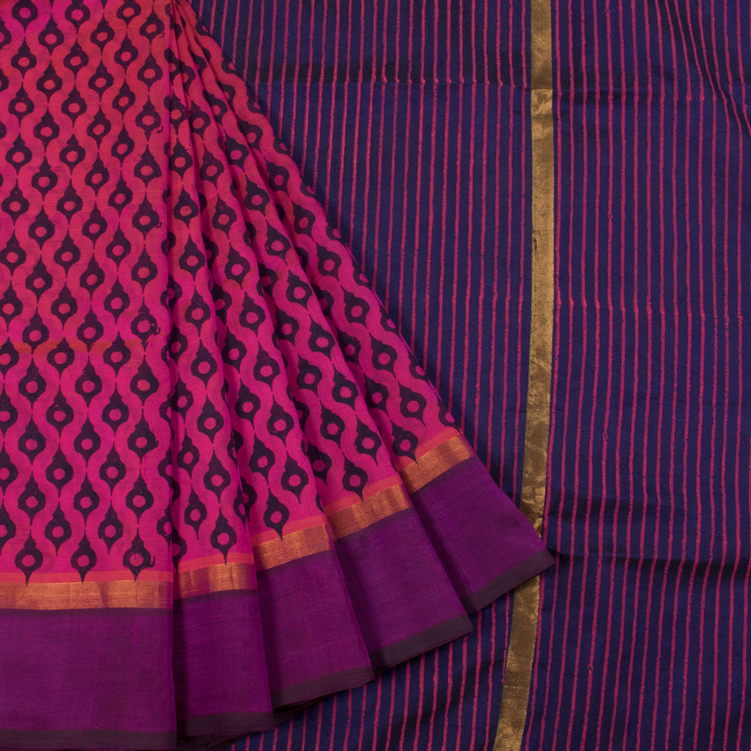 Hand Block Printed Silk Cotton Saree with Trellis Design and Stripes Pallu