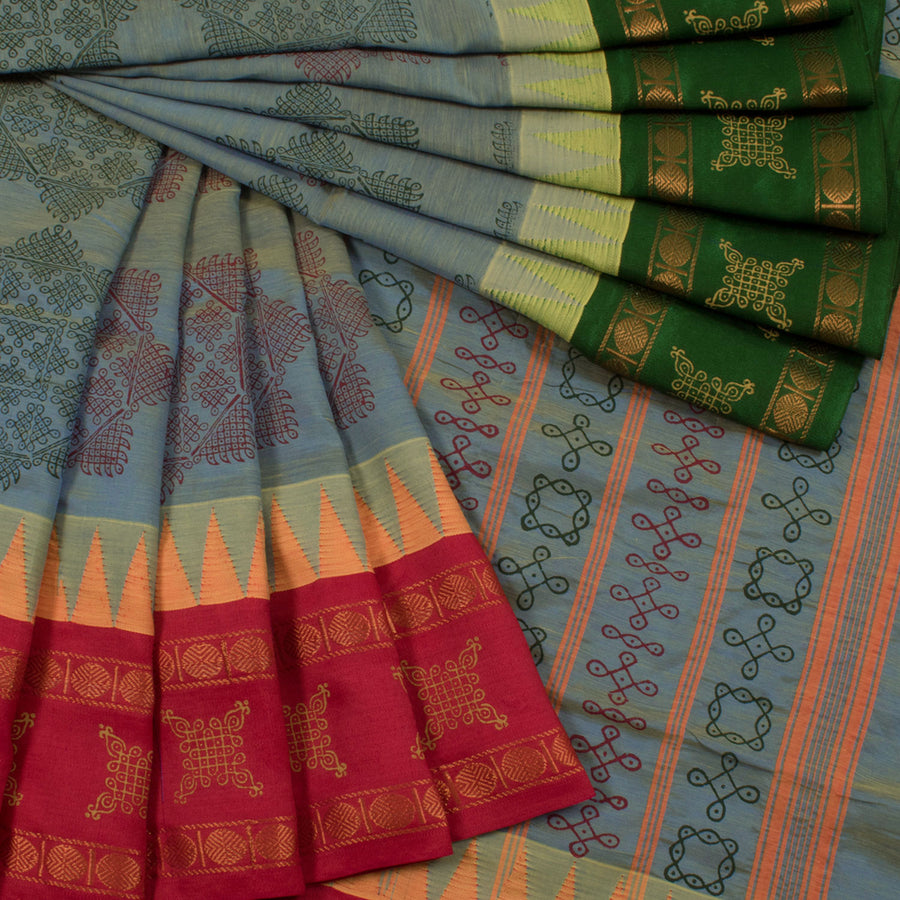 Hand Block Printed Silk Cotton Saree with Kolam Motifs and Ganga Jamuna Border