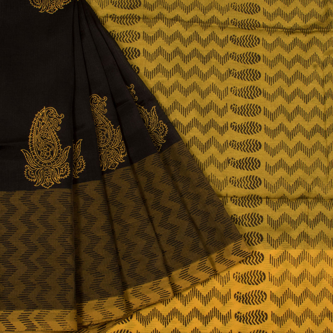 Hand Block Printed Mangalgiri Silk Saree with Paisley Motifs and Zigzag Border