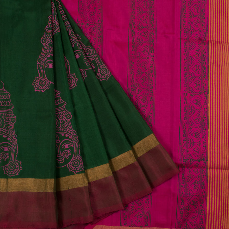Hand Block Printed Uppada Silk Saree with Rani Print and Tissue Border 