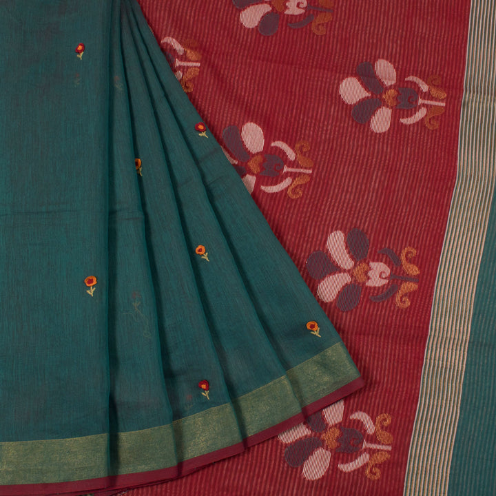 Hand Embroidered Silk Cotton Saree with Floral Butis, Jamdani Pallu and Zari Border