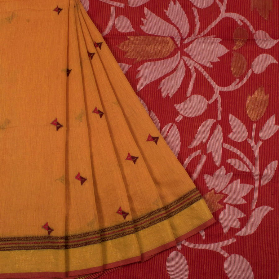 Hand Embroidered Silk Cotton Saree with Floral Butis, Jamdani Pallu and Zari Border
