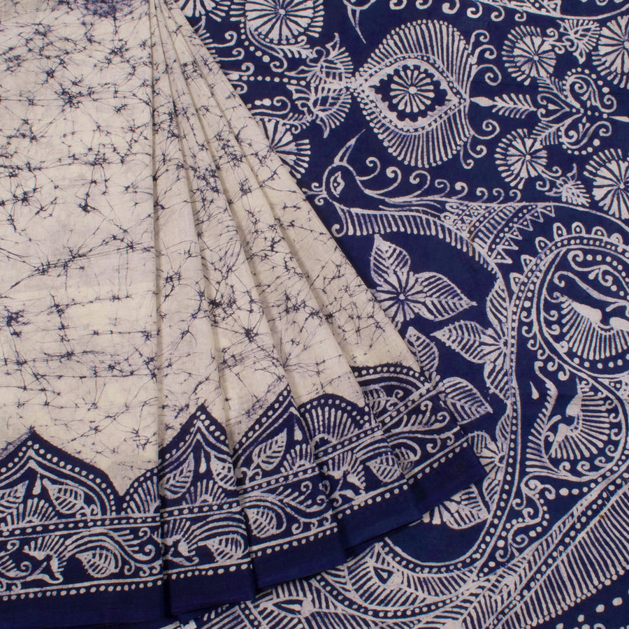 Batik Printed Cotton Saree with Peacock Pallu and Floral Border