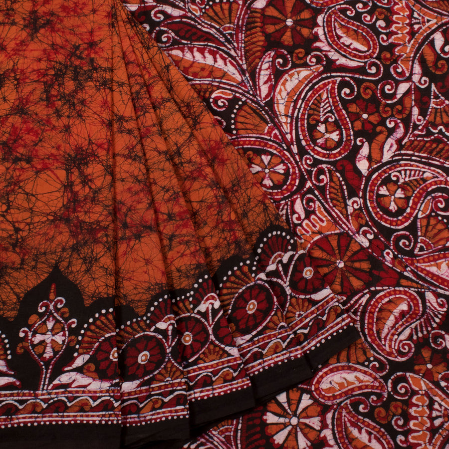 Batik Printed Cotton Saree with Floral Border and Paisley Pallu