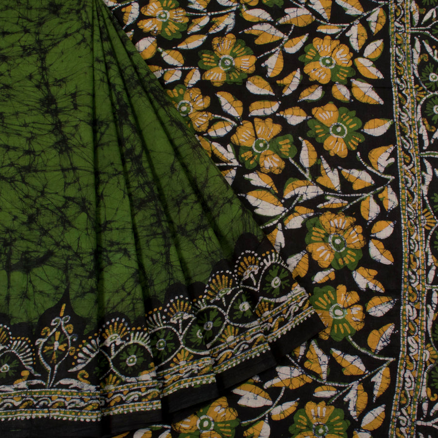 Batik Printed Cotton Saree with Floral Border and Pallu 