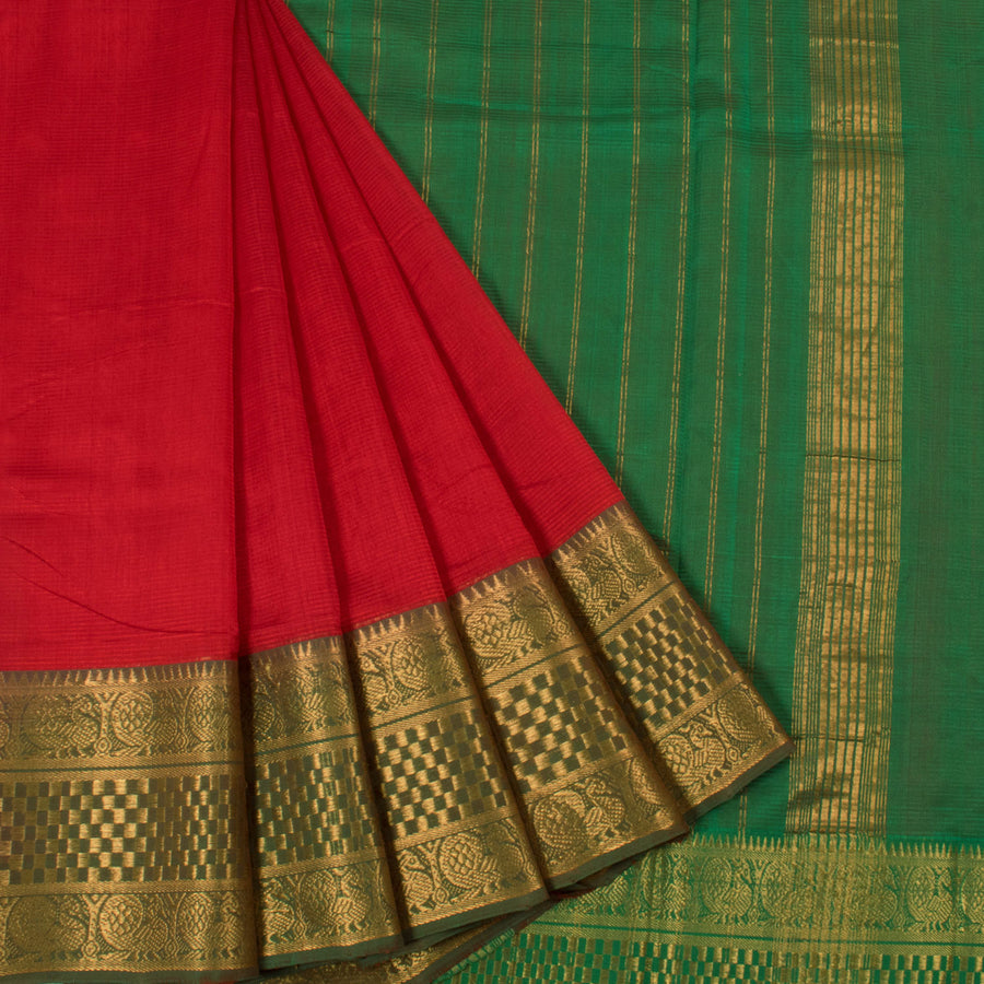Handloom Mangalgiri Silk Cotton Saree with Peacock Temple Zari Border