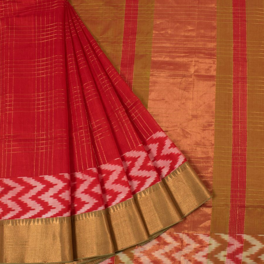 Handloom Mangalgiri Silk Cotton Saree with Checks Design and Ikat Border