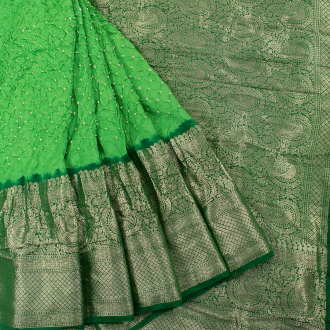 Handloom Bandhani Pure Silk Kanjivaram Saree with Floral Paisley Silver Border