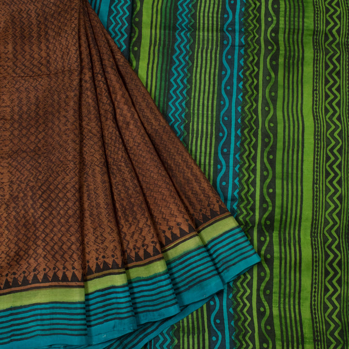 Hand Block Printed Silk Saree with Zigzag Design and Stripes Border