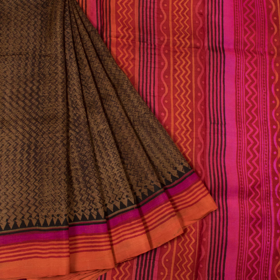 Hand Block Printed Silk Saree with Zigzag Design and Stripes Border