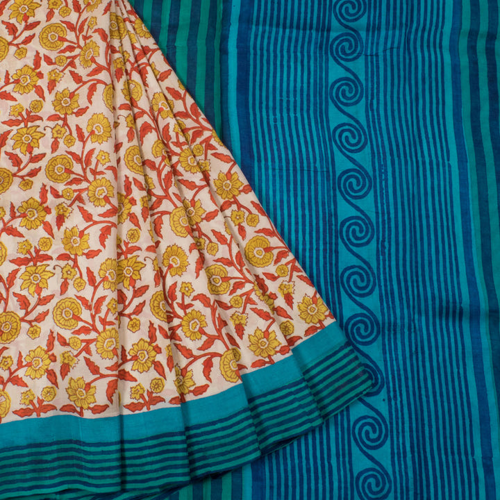 Hand Block Printed Silk Saree with Floral Design and Stripes Border 