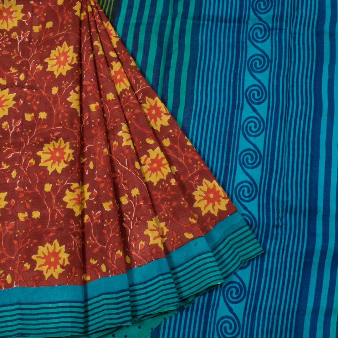 Hand Block Printed Silk Saree with Floral Motifs and Stripes Border