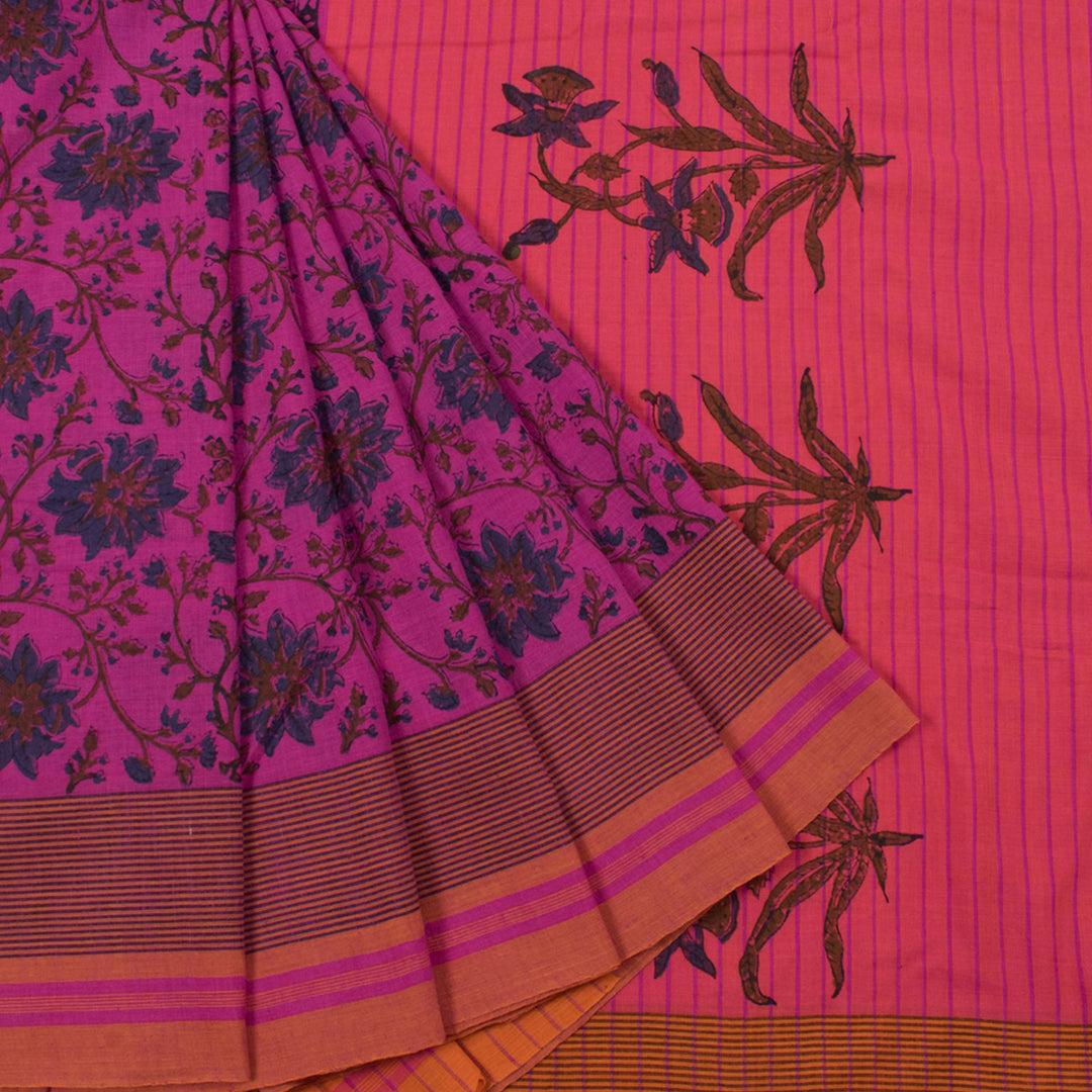Hand Block Printed Cotton Saree with Floral Design and Stripes Border