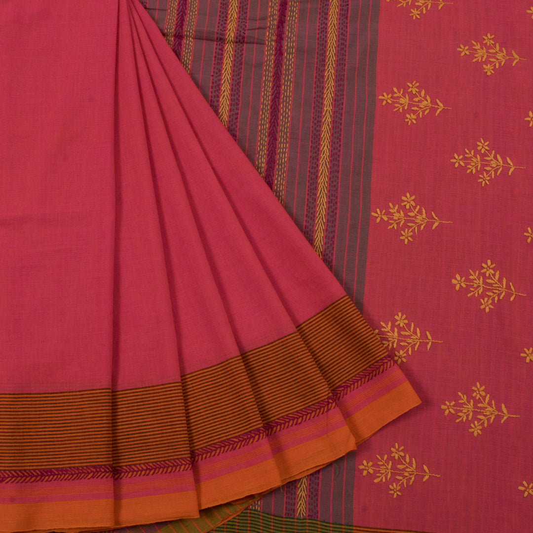 Handloom Cotton Saree with Floral Embroidered Pallu 
